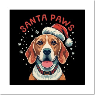 Cute beagle dog with Christmas hat, Santa Paws text Posters and Art